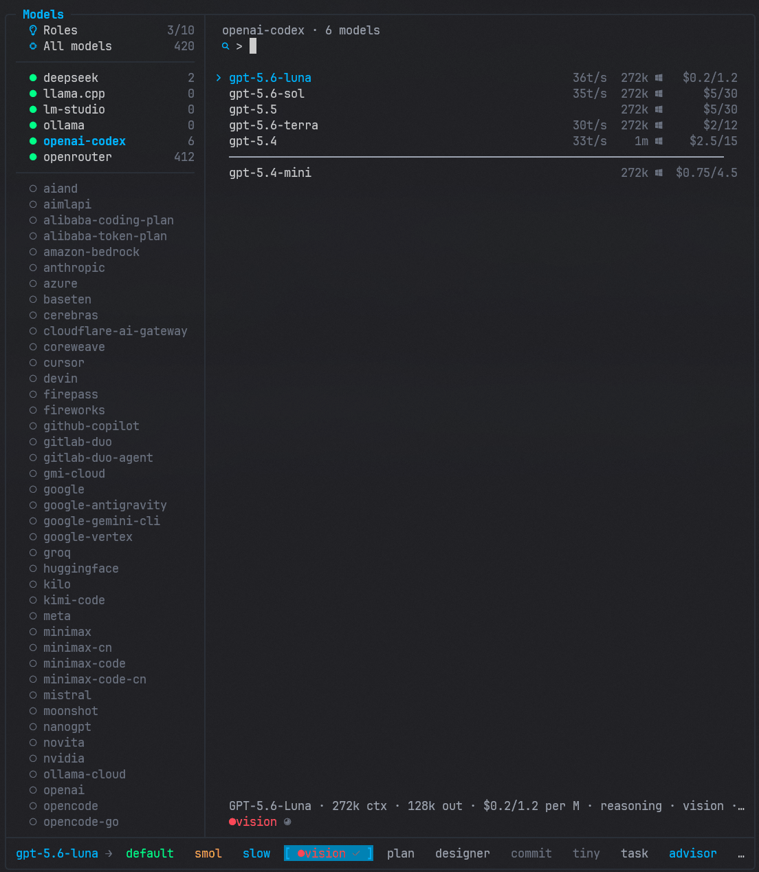 Screenshot of a dark-themed terminal model selector in omp. The left sidebar lists AI providers, with **openai-codex** selected. The main panel shows six available models: **gpt-5.6-luna**, **gpt-5.6-sol**, **gpt-5.5**, **gpt-5.6-terra**, **gpt-5.4**, and **gpt-5.4-mini**, alongside context sizes, generation speeds, and per-million-token pricing. **gpt-5.6-luna** is highlighted as the current default model and is marked as supporting reasoning and vision, with a 272k context window and pricing of $0.20 input and $1.20 output per million tokens.