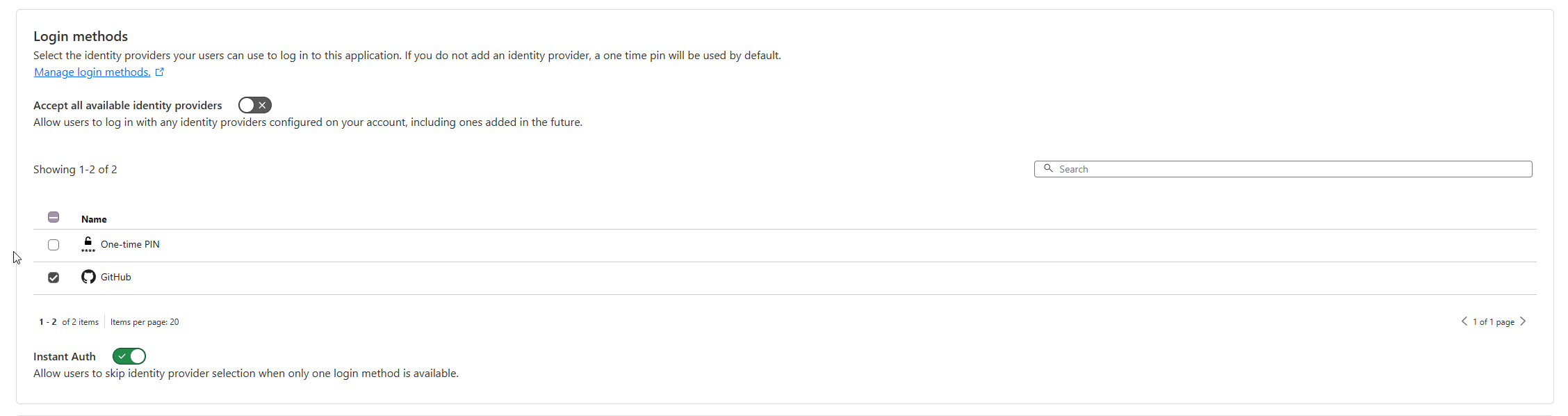 Configure application, login methods
