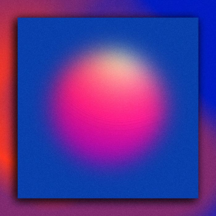 Blurred out colourful gradient circle inside a square which is on top of blurred out colourfu; gradient